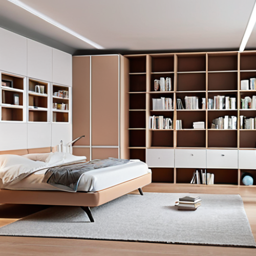 Home 4 **A minimalist smart home interior, focusing on multifunctional furniture. Show a bright, open space with a bed that transforms into a sofa and a bookshelf that doubles as a desk. Include soft, strategic lighting. Emphasize clean lines and a sense of spaciousness. The style should be modern Italian.**