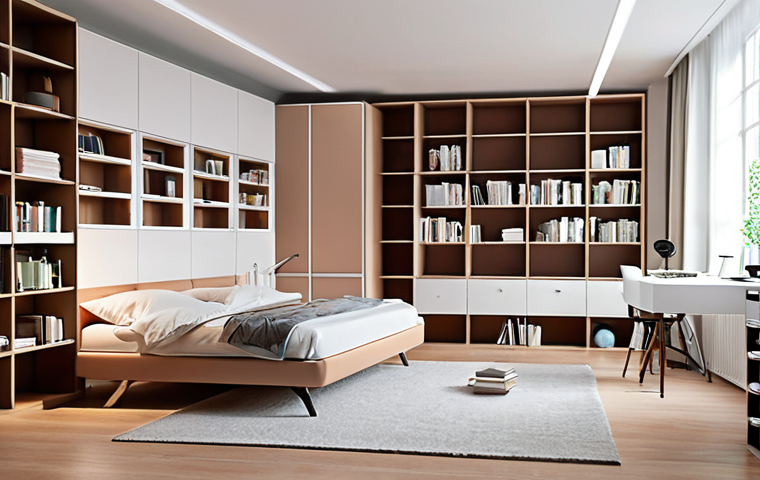 **A minimalist smart home interior, focusing on multifunctional furniture. Show a bright, open space with a bed that transforms into a sofa and a bookshelf that doubles as a desk. Include soft, strategic lighting. Emphasize clean lines and a sense of spaciousness. The style should be modern Italian.**